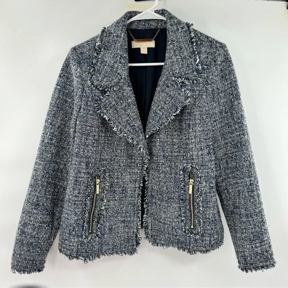 MICHAEL KORS Open-Front Frayed Trim Tweed Jacket grey size 12P suit separate